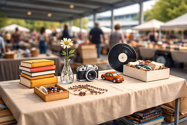 Tisch am Flohmarkt auf dem Aussenfeld des Eiszentrum Luzern